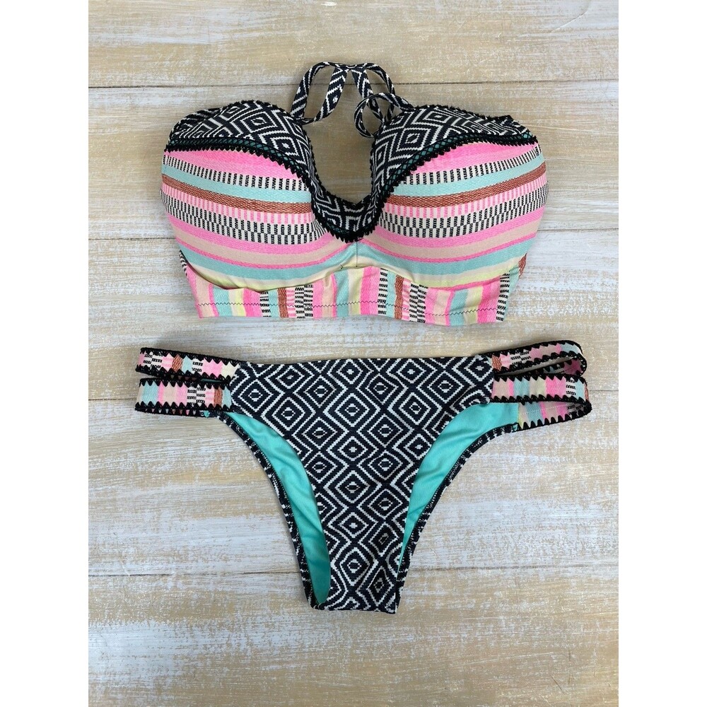 Shade & Shore 2 Piece Bikini Bathing Suit Pink & Teal Tribal Top 36DD / Bottom M